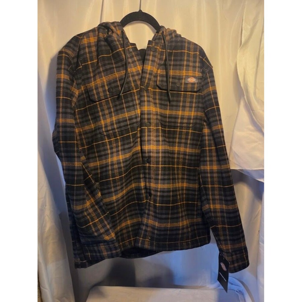 Dickies Men’s Hooded Flannel Shirt Jacket Black/Yellow Plaid Size M Snap Front